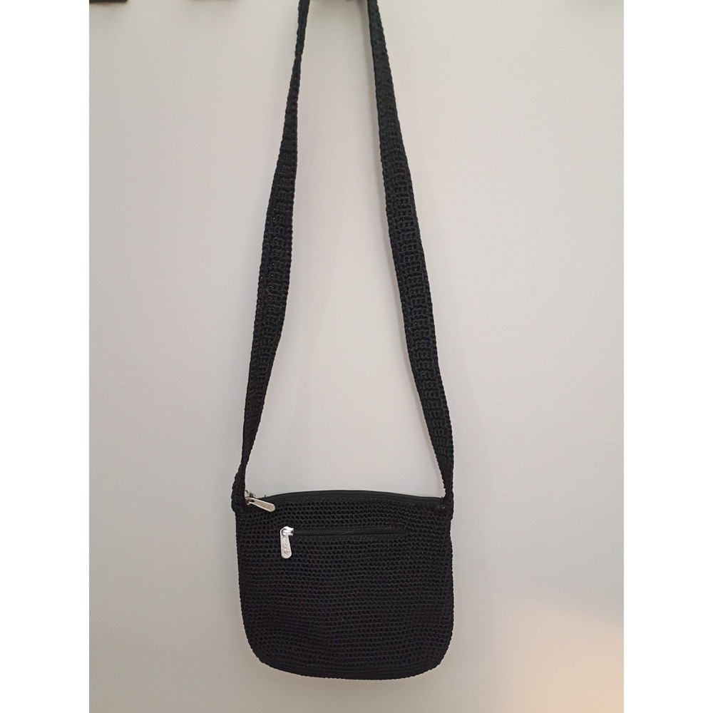The Sak Black Crochet Crossbody Bag Handcrafted Zip Top Purse Silver Y2K
